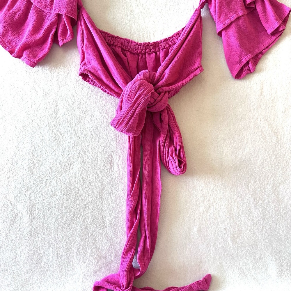 Meshki M Medium Aaliyah Tie-Front Crop Top Hot Pink Off Shoulder Poet Peasant - Picture 5 of 13